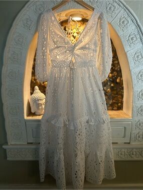 ASOS White Eyelet Midi Dress with Puff Sleeves - Size 6